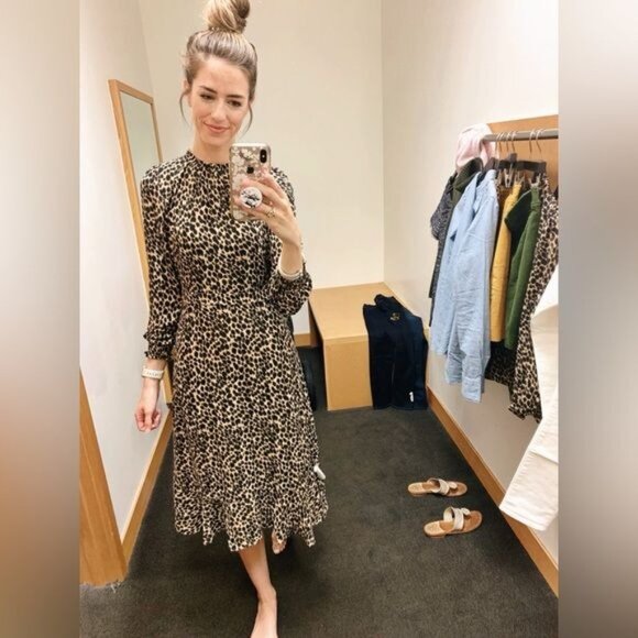 J. Crew Leopard Ruffle Neck Long Sleeve Peasant Midi Dress Medium - Picture 10 of 10